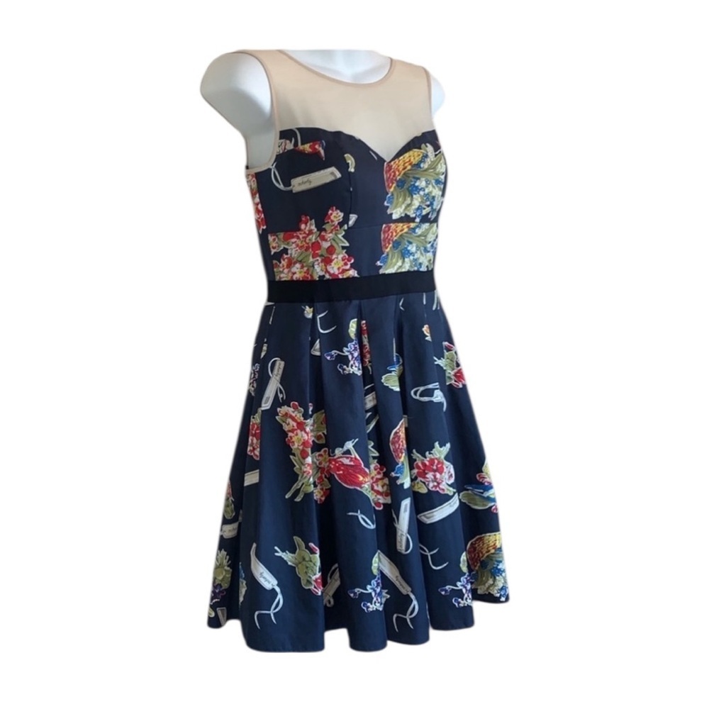 Ochirly party dress women's S, navy, floral, pleated skirt, tulle, sheer top EUC